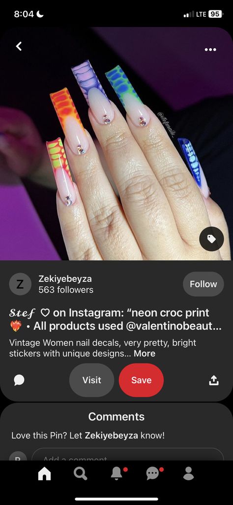 Different Color Croc Nails, Croc Nails With Rhinestones, Colorful Crocodile Nails, Colorful Croc Nails, Croc Design Nails, Croc Print Acrylic Nails, Alligator Print Nails, Croc Nails Acrylic, Croc Print Nails