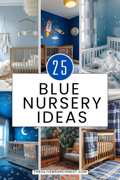 Transform your little boy's nursery into a haven of tranquility with these enchanting blue nursery ideas. From light pastels to bold navy hues, discover simple yet stylish designs to create the perfect space for your baby boy. Whether it's a minimalist theme or a charming nautical vibe, let these inspirations guide you in crafting a cozy and inviting room for your little prince. Navy And Beige Nursery, Shades Of Blue Nursery, Nursery Ideas Blue Walls, Baby Boy Room Paint Ideas, Blue And Yellow Nursery Boy, Nursery Ideas Space Theme, Blue Themed Nursery, Blue Walls Nursery, Blue Baby Room Ideas