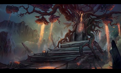 Lava Tree Throne by AlynSpiller Tree Throne, Psychic Aesthetic, Lava Tree, Illustration Fantasy, Fantasy Castle, Fantasy Setting, Fantasy Places, Fantasy Paintings, Fantasy Art Landscapes