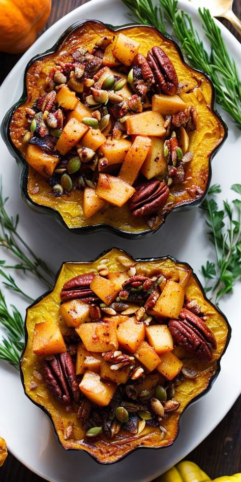 Sweet and savory delight! Try our delicious Acorn Squash with Apples, Pecans, and Pumpkin Seeds—perfect for fall meals. #AcornSquash #FallRecipes #HealthyEating #VeganCooking #HolidayFeasts Acorn Squash Mushroom Recipes, Vegetarian Acorn Squash, Acorn Squash With Apples, Acorn Squash Baked, Pumpkin Seeds Recipe, Fall Meals, Stuffed Acorn Squash, Pumpkin Seed Recipes, Acorn Squash Recipes