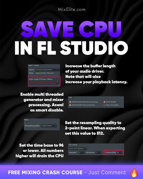 Free Mixing Crash Course 👉 MixElite.com/free-course  CPU Saver Alert in FL Studio! 🚨   #musicproduction #FLStudio #producerlife #beatmakers #audiogear #studiolife #mixingtips #producertips #audiomixing #homestudio #musicproducer #beatmaking Fl Studio Wallpaper, Fl Studio Tips, Artist Management Music, Studio Wallpaper, Music Basics, Music Engineers, Music Mixing, Music Tutorials, Fl Studio