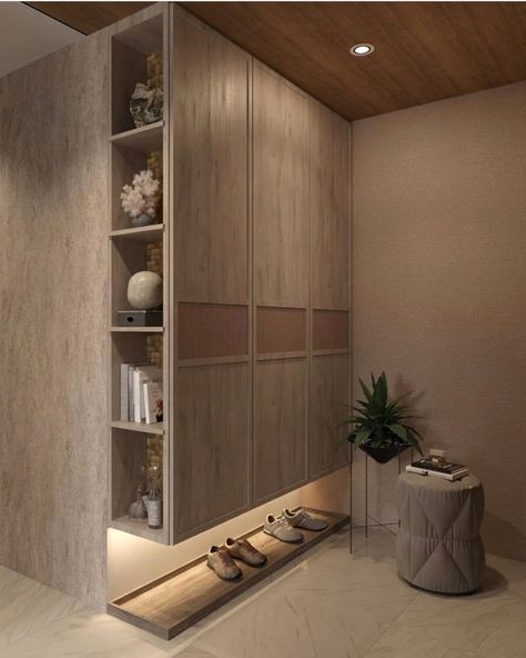 Wabi Sabi Entrance Foyer, Wabi Sabi Closet, Shoe Cabinet Design, Wabi Sabi Interior Design, Interior Design Instagram, Wabi Sabi Interior, Entrance Furniture, Home Hall Design, Wall Panel Design