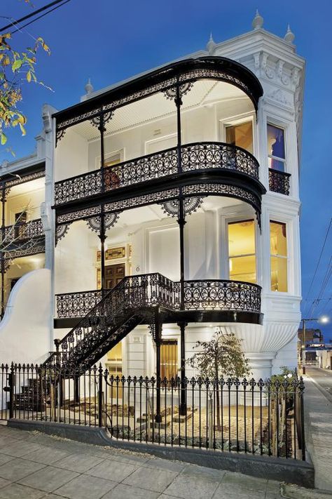 Melbourne, Australia: This house, Waterloo, is part of a row of Italianate terraces, which are each named after a battle. Together they form Lee Terrace, named after the architect and dating from 1890. Art Nouveau Arquitectura, Residence Architecture, Australia Photos, Beautiful Architecture, Beautiful Buildings, Amazing Architecture, Victorian Homes, Interior Architecture Design, Art And Architecture