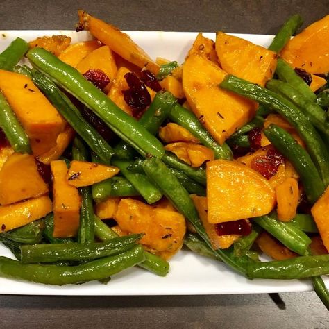 Roasted Green Beans and Sweet Potatoes with Cranberries - Anita's Table Talk Green Bean Sweet Potato Recipes, Sweet Potato And Green Beans, Pork Chops With Sweet Potatoes, Green Beans And Sweet Potatoes, Sweet Potatoes And Green Beans, Green Beans With Cranberries, Oven Fried Pork Chops, Oven Green Beans, Sweet Potato Green Beans