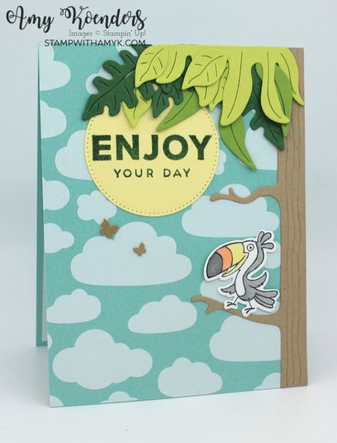 Jungle Pals Hello Card Mini Cat, Hello Cards, Green Cards, Stamping Up Cards, Some Cards, Card Making Inspiration, Exotic Birds, Animal Cards, Stamping Up