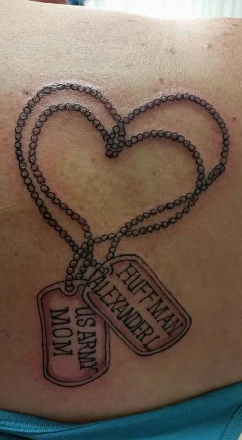 Army Mom Tattoo - Dog Tags  Phillips Ink Army Mom Tattoos Sons, Navy Mom Tattoo Ideas, Dog Tag Tattoos For Women, Dog Tags Tattoo For Women, Army Mom Tattoos, Air Force Mom Tattoo, Grandparent Tattoos, Marine Mom Tattoo, Isaiah Tattoo