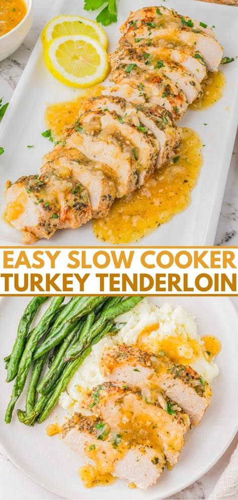 Juicy Slow Cooker Turkey Tenderloin - Averie Cooks Crockpot Turkey Loin, Turkey Loin Recipes Crockpot, Turkey Breast Tenderloin Crockpot, Crock Pot Turkey Tenderloin, Slow Cooker Turkey Tenderloin Recipes, Turkey Tenderloin Crock Pot, Turkey Loin Recipes, Crockpot Turkey Tenderloin, Slow Cooker Recipes Turkey