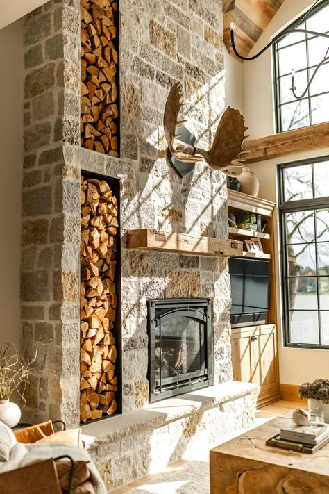 Stone Fireplace With Seating Ledge, Stone Fireplace With Wood Storage, Rock Wall Interior Living Room, Fireplace Design Ideas Stone, Chimney Styles, Round Stone Fireplace, Stone Wall With Fireplace, Colorado Fireplace, Rustic Modern Fireplace