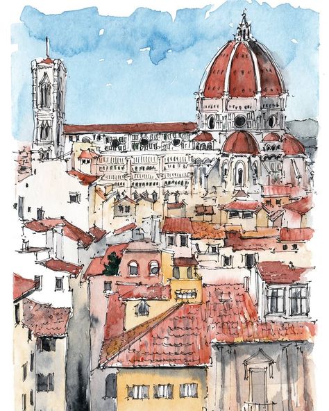 Gcse Architecture, Italy Watercolor, Florence Print, Tree Watercolor Painting, Architecture Drawing Sketchbooks, Italy Florence, Urban Sketches, Tree Watercolor, Watercolor City