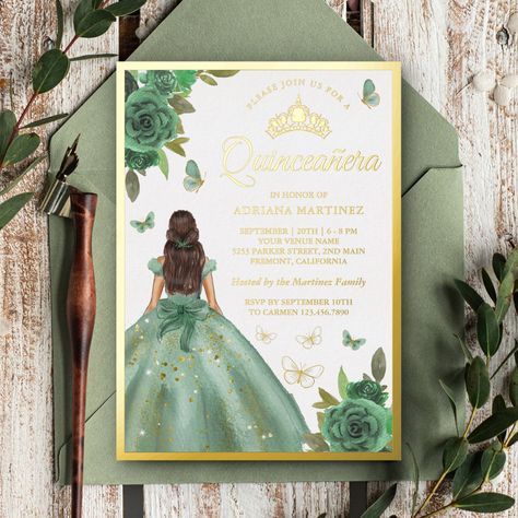 Dusty Sage Green, Invitations Quinceanera, Elegant Birthday Invitations, Butterfly Invitations, Floral Birthday Invitations, Mint Flowers, Gold Foil Invitation, Sage Green Floral, Modern Birthday