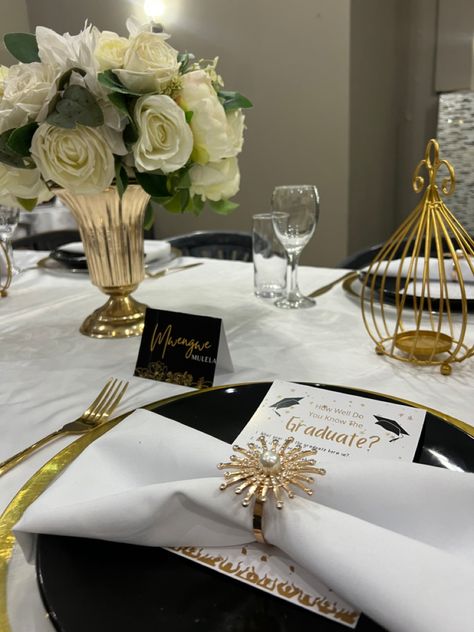 Graduation party decor grad dinner decor table scape decoration black gold and white decor Gold And White Decor, Grad Dinner, College Grad Party, Graduation Party Table, Cream Table, Graduation Dinner, Retirement Ideas, Graduation Party Diy, Dinner Decor