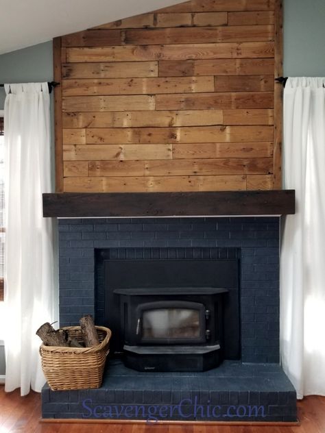 Wood Accent Wall Tv, Brick Fireplace With Shiplap, Black Fireplace Makeover, Fireplace With Shiplap, Wood Accent Wall Bedroom, Stained Shiplap, Black Brick Fireplace, Rustic Farmhouse Fireplace, Fireplace Accent Walls