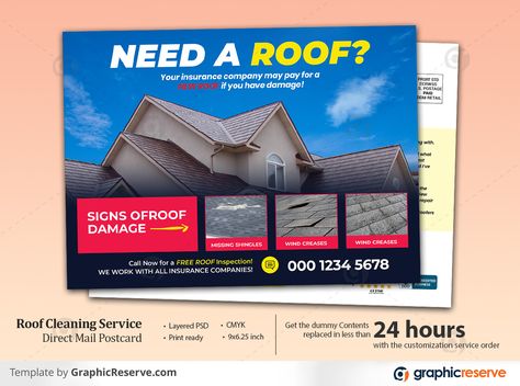 Roofing Flyer Design, Roofing Ads, Postcard Mailer, Roof Leak Repair, Marketing Postcard, Home Repair Services, Direct Mail Postcards, Direct Mail Design, Roof Cleaning