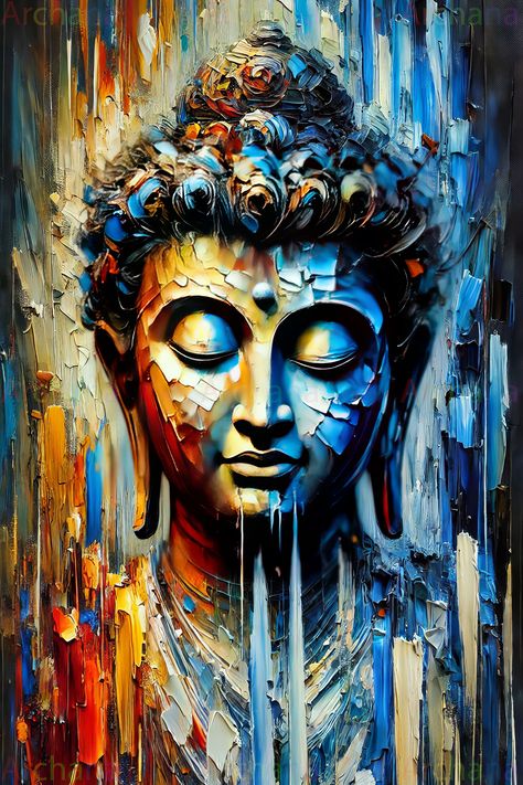 This painting of Buddha is an exploration of spiritual serenity through color and texture. Using the impasto technique, I layered rich, vibrant hues with a palette knife to create a dynamic, textured surface. Each stroke is intentionally bold, representing the deep connection between the physical and the spiritual. The open gaze of the Buddha symbolizes an invitation to the viewer to experience tranquility and peace, transcending the canvas and creating a personal connection with the divine. Painting Of Buddha, Impasto Technique, Portrait Fine Art, Personal Connection, Buddha Face, Buddha Art Painting, Layer Paint, Buddha Painting, Deep Connection