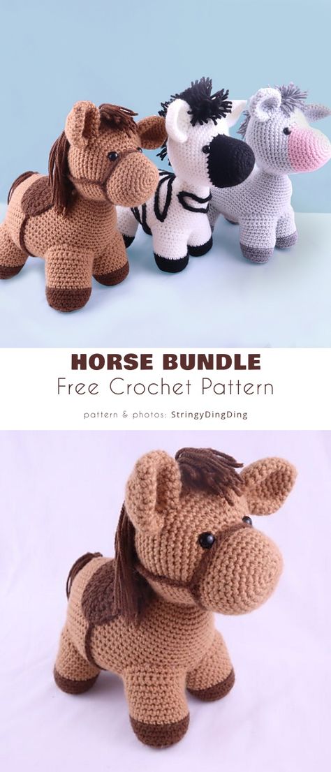 horse bundle crochet pattern Crocheted Stuffed Animals, Crochet Pony, Crochet Toys Free, Crochet Horse, Crochet Mignon, Confection Au Crochet, Crochet Humor, Crochet Baby Toys, Crochet Animals Free Patterns