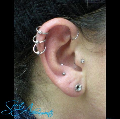 Rocking multiple Captive Bead Rings in her cartilage and forward helix! Check out spiritadornments.com for beautiful piercing jewelry! Triple Cartilage Piercing, Forward Helix Hoop, Triple Ear Piercing, Triple Helix Piercing, Anti Helix, Anti Helix Piercing, Triple Helix, Anti Tragus, Forward Helix Piercing