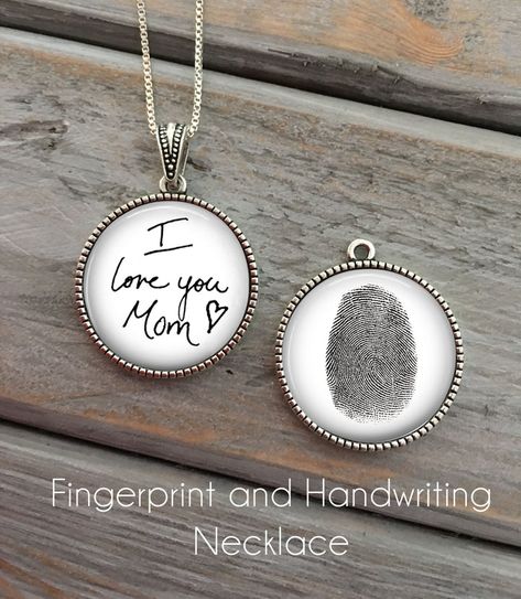 Fingerprint and Handwriting Necklace – Now That's Personal! Fingerprint Necklace Memorial, Fingerprint Jewelry Memorial, Handwritten Jewelry, Memory Jewelry, Memory Necklace, Thumb Print, Memorial Ideas, Flag Display, Handwriting Necklace