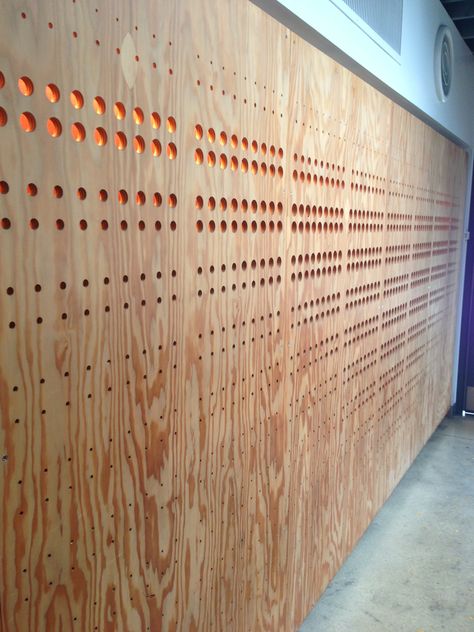 Perforated Wood Panel, Perforated Plywood, Wall Covering Ideas, Soundproof Panels, Wooden Cladding, Feature Wall Design, Plywood Interior, Sound Panel, Jewelry Store Design