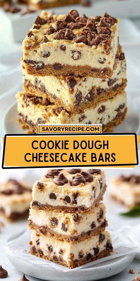 Want to elevate your dessert game? These Cookie Dough Cheesecake Bars are a mouthwatering mix of flavors and textures that will satisfy any sweet tooth. Make sure to save this recipe so you can whip up these delightful dessert bars whenever the craving strikes! Cookie Dough Cheesecake Bars, Chocolate Chip Cookie Dough Bars, Cookie Dough Crust, Easy Cookie Dough, Cookie Dough Cheesecake, Rich Cheesecake, No Bake Cookie Dough, Savory Recipe, Cookie Dough Bars