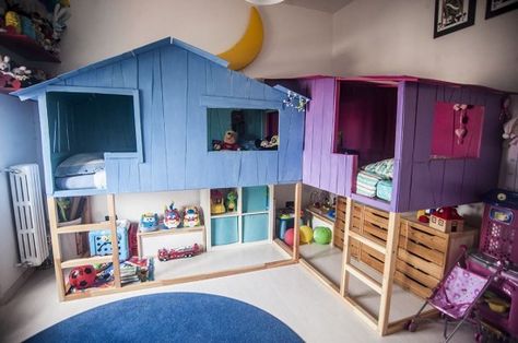 Charming elevated playhouses, with stuff storage underneath. Perhaps for grandchildren.... Ikea Bunk Bed Hack, Bunk Bed Hacks, Diy Treehouse, Kura Bed Hack, Ikea Bunk Bed, Ikea Bed Hack, Mommo Design, Ikea Kura Bed, Hack Ikea