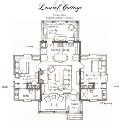 The Laurel Cottage Plan by C. Brandon Ingram! – ArtFoodHome.com Honeymoon Cottage House Plan, Laurel Cottage Brandon Ingram, Laurel Cottage House Plan, Artist House Plan, 1000 Square Foot House Plans, Guest Cottage Plans, Farmhouse Cottage Plans, Laurel Cottage, C Brandon Ingram