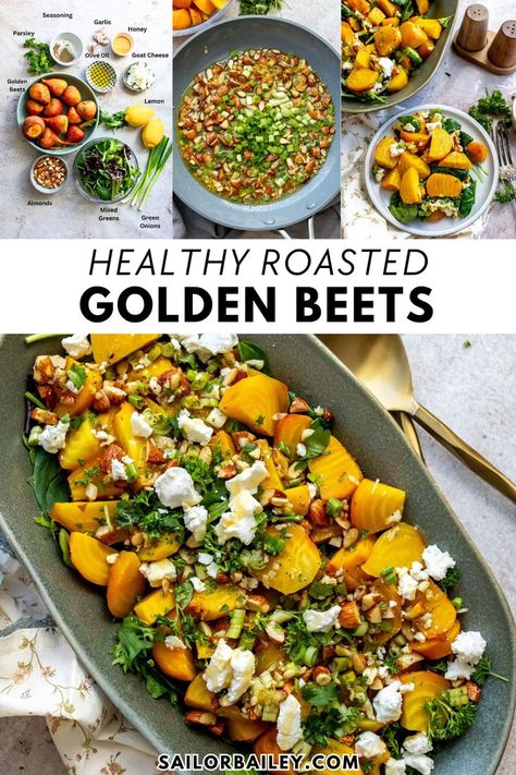 Roasted Golden Beets make a beautiful salad recipe, side dish or appetizer. They are easy to make, juicy and flavorful. This is the perfect party food that is sure to impress everyone! Plus, it's gluten-free, healthy, and can easily be made vegan/dairy-free. Menstrual Recipes, Golden Beets Recipe, Golden Beets Salad, Roasted Golden Beets, Healthiest Vegetables, Easy Veggie Side Dish, Sailor Bailey, Beet Salad Recipes, Golden Beets