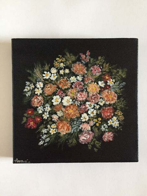 Large Square Canvas Painting Ideas, Big Square Canvas Painting Ideas, Bouquet Of Flowers Painting Acrylic, Flower Bouquet Acrylic Painting, Flowers On Black Background Painting, Acrylic Floral Paintings On Canvas, Big Canvas Painting Ideas Acrylic, Square Canvas Painting Ideas, Square Canvas Painting