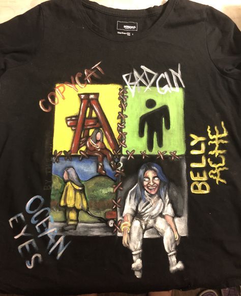 This is a large shirt, painted with acrylics. It is something I made because I am a fan of Billie and her music. Her Music, A Fan, Billie Eilish, Diy Clothes, Graphic Tshirt, T Shirts For Women, Fan, Mens Graphic Tshirt, Mens Tshirts