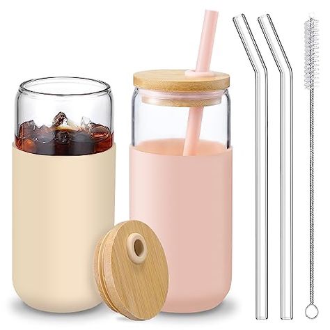 Cups With Bamboo Lids, Coffee Glasses, Drinking Jars, Glass Coffee Cups, Iced Coffee Cup, Glass Cups, Boba Tea, Glass Water Bottle, Glass Straws