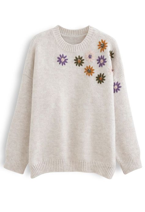 Embroidered Sweater Diy, Sweater Diy, Cottagecore Sweater, Cozy Design, Floral Embroidery Patterns, Led Dress, Fashion Buyer, Sweater Collection, Embroidered Sweater