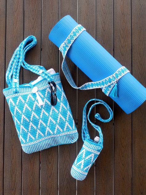 overlay mosaic crochet tote bag, water bottle holder and yoga mat strap Crochet Yoga Strap, Yoga Mat Holder Crochet, Crochet Yoga Bag, Crochet Yoga Mat Strap, Crochet Yoga Mat Bag, Crochet Yoga Mat, Yoga Mat Bag Pattern, Mosaic Crochet Patterns, Crochet Yoga