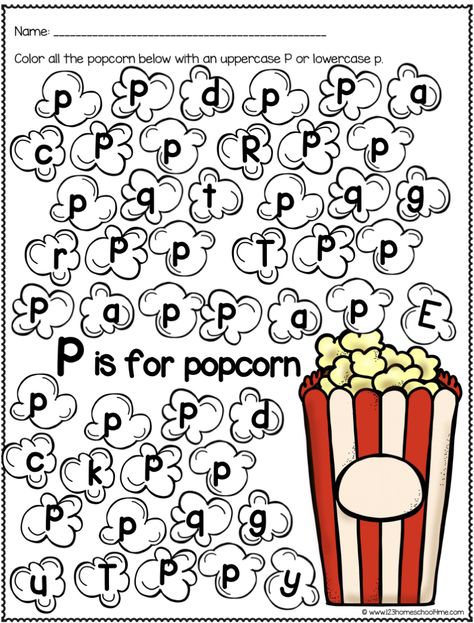 P Is For Popcorn, Alphabet Letter Find, Letter P Worksheets, Nursery School Activities, Preschool Journals, Letter Recognition Worksheets, Phonics Worksheets Free, Fun Worksheets For Kids, Abc Worksheets