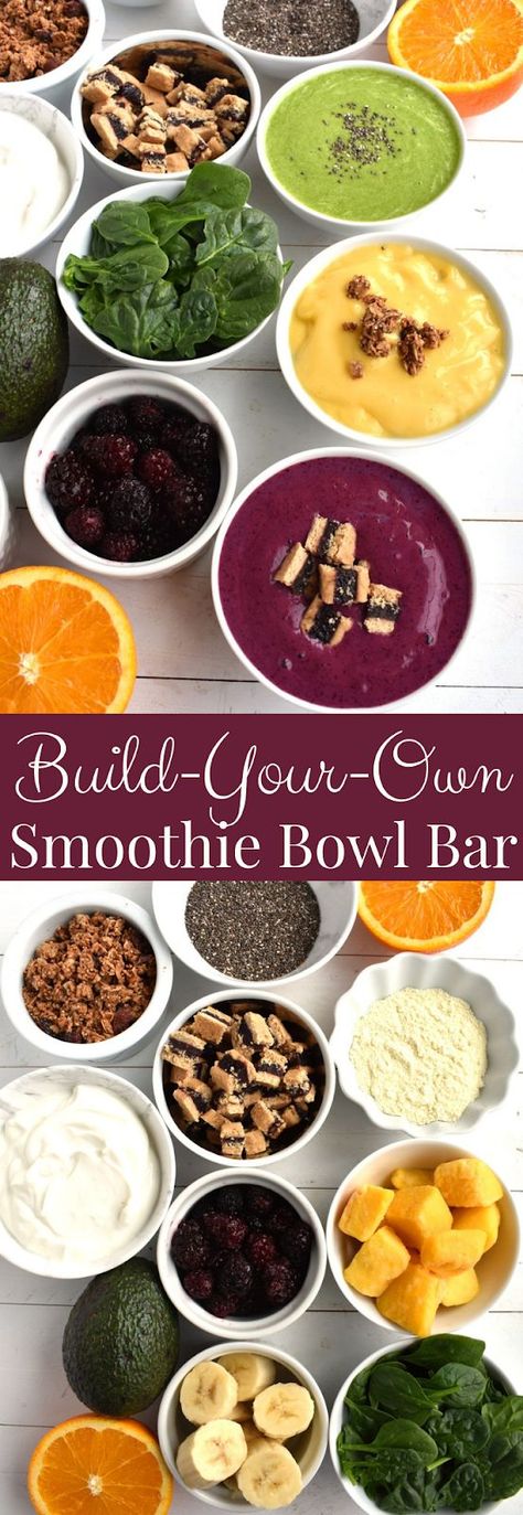 Build-Your Own Smoothie Bowl Bar has tons of smoothie ingredient options as well as fun toppings for the smoothie bowls! A fun party idea where everyone can customize their own smoothie bowl. www.nutritionistreviews.com #smoothie #smoothiebowl #breakfast #healthy #partyfood #cleaneating #brunch Smoothie Bar Party, Smoothie Bowl Bar, Build Your Own Smoothie, Perfect Smoothie Bowl, Smoothie Bowl Toppings, Lighter Recipes, Banana Apple Smoothie, Smoothie Bowl Healthy, Smoothie Bar