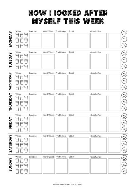 Health Planner Free, Weekly Self Care Checklist, Week Planner Template, Free Printable Planner Pages, Journal Printables Templates, Weekly Self Care, Looking After Yourself, Printable Self Care, Weekly Checklist