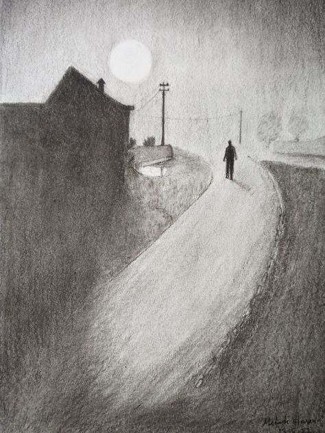 Night Drawing Pencil, Charcoal Landscape Drawing, Night Sketch, Lonely Man, Pencil Sketch Portrait, Landscape Sketch, Charcoal Sketch, Pencil Shading, Creative Genius