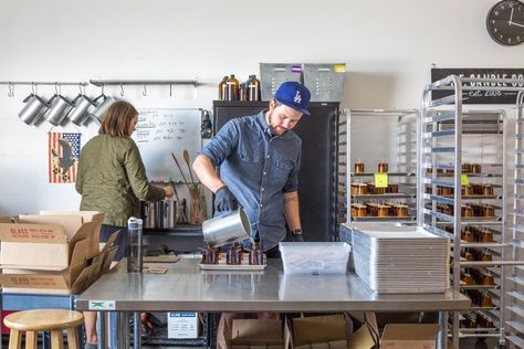 The Sunny Sweet-Scented Studio of P.F. Candle Co — Workspace Tour | Apartment Therapy Candle Office, Candle Making Room, Studio Candle, Shipping Station, Candle Making Studio, Soap Studio, Craft Boutique, Candle Workshop, Candle Factory