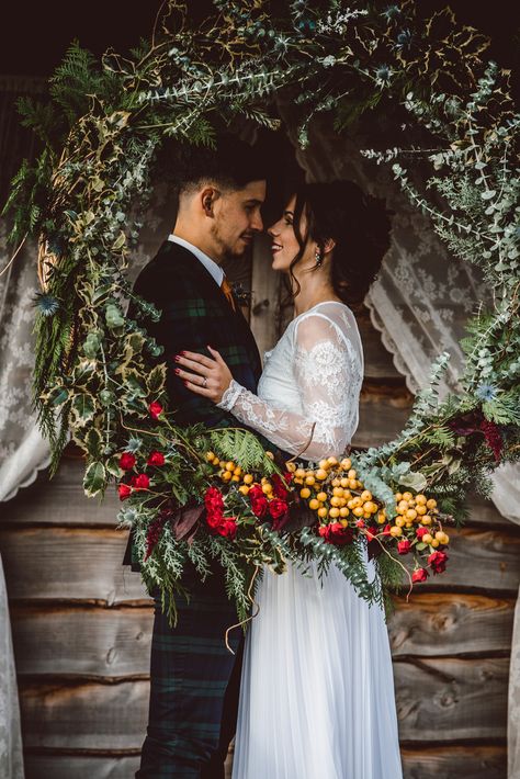 Christmas wedding wreath from a styled shoot at The Barn at Cott Farm Rustic Christmas Wedding, Christmas Wedding Ideas, Christmas Wedding Themes, Marriage Reception, Moon Gate, Elephant Wedding, Flower Arch, Wedding Wreath, Romantic Christmas