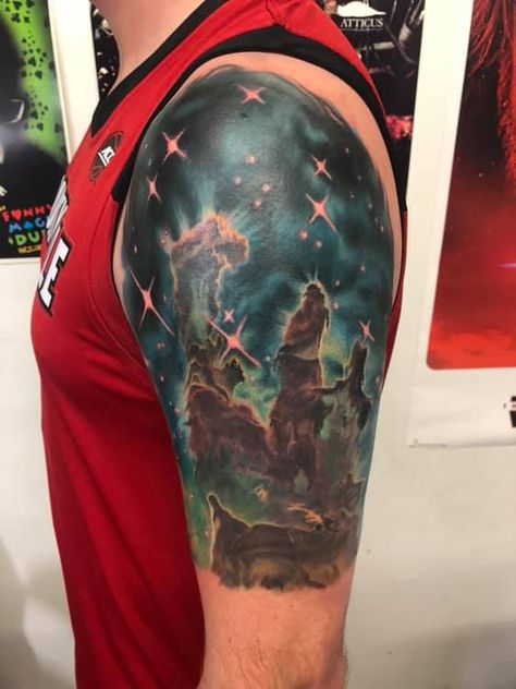 Pillars of Creation piece for an in-progress astronomy sleeve; Done by Tim Knecht @ Ink Junkeez White Plains MD. #tattoos #tattoo #beauty Pillars Of Creation Tattoo, Creation Tattoo, Pillars Of Creation, Tattoo White, Trending Tattoos, Prison Tattoos, Space Tattoo, R Tattoo, White Plains