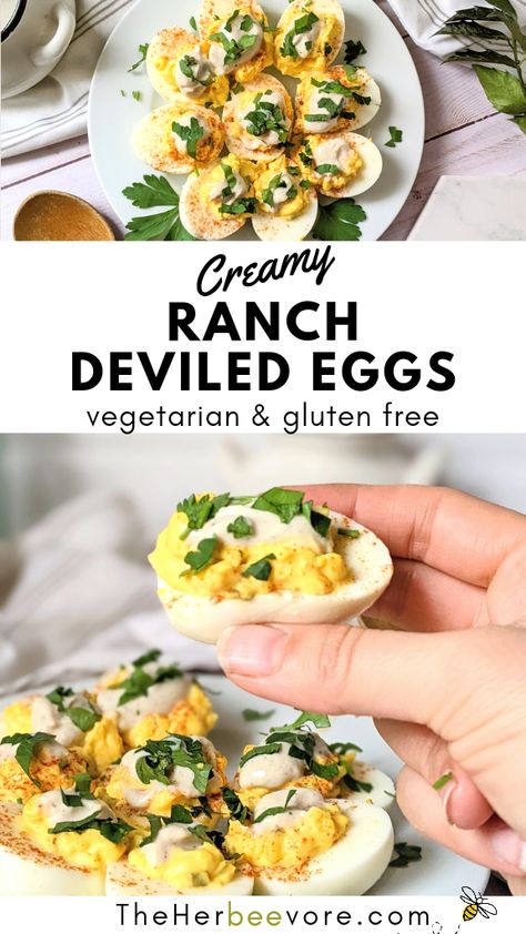 Gluten Free Deviled Eggs, Ranch Dressing No Mayo, Unique Deviled Eggs, Deviled Egg Ideas, No Mayo Deviled Eggs, Fancy Deviled Eggs, Deviled Eggs No Mayo, Cookout Appetizers, German Appetizers