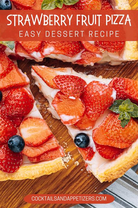 So easy to make, this strawberry fruit pizza has a sugar cookie dough crust. Then comes a topping of strawberry whipped cream cheese, followed by a topping of fresh sliced strawberries. A favorite strawberry recipe for Spring desserts, tailgating desserts or to bring as a potluck dessert recipe. Strawberry Pizza Dessert, Tailgating Desserts, Strawberry Pizza Recipe, Pizza Dessert Recipe, Strawberry Fruit Pizza, Fruit Pizza With Cream Cheese, Fruit Pizza Dessert, Potluck Recipes Dessert, Tailgate Desserts