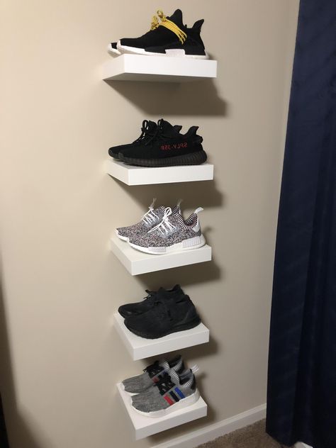 Shelves For Shoes On Wall, Diy Floating Shoe Shelves, Floating Shelves Shoes, Floating Shelves For Shoes, Uni Necessities, Wall Shoe Shelf, Floating Shoe Shelves, Square Floating Shelves, Floating Shelves With Lights