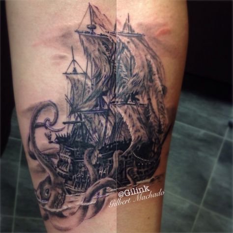 Flying Dutchman, black and gray, black and grey, gray wash, grey wash, kraken, leviathan, Pirates, Pirates of the Caribbean, h2ocean protean, eternal ink Kraken Pirates Of The Caribbean, Potc Tattoos, Flying Dutchman Tattoo, Full Shoulder Tattoo, Pirates Of The Caribbean Tattoo, Caribbean Tattoo, Pirate Tattoos, Pirate Ship Tattoo, Sick Tattoos