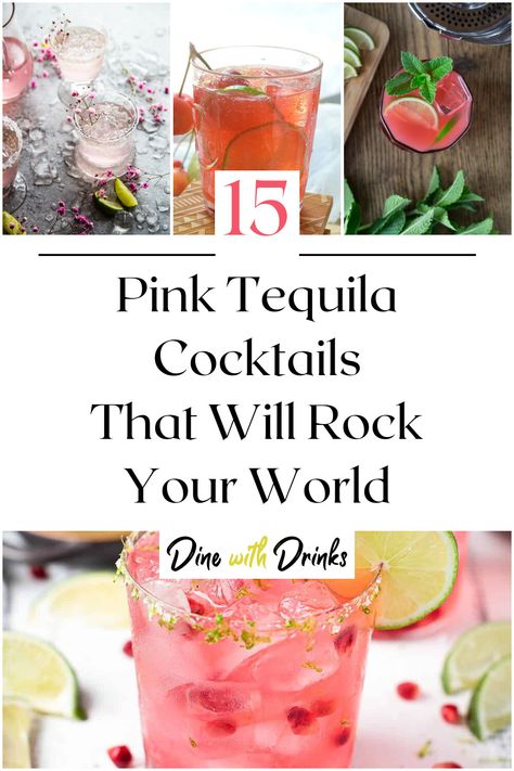 Collage of 4 pink tequila cocktails. Pink Drinks Tequila, Pink Cocktails Tequila, Galentines Cocktails Tequila, Big Batch Pink Cocktail, Cute Tequila Cocktails, Pink Alcoholic Drinks For A Party Tequila, Pink Paloma Cocktail, Cute Pink Cocktails, Pink Tequila Shots