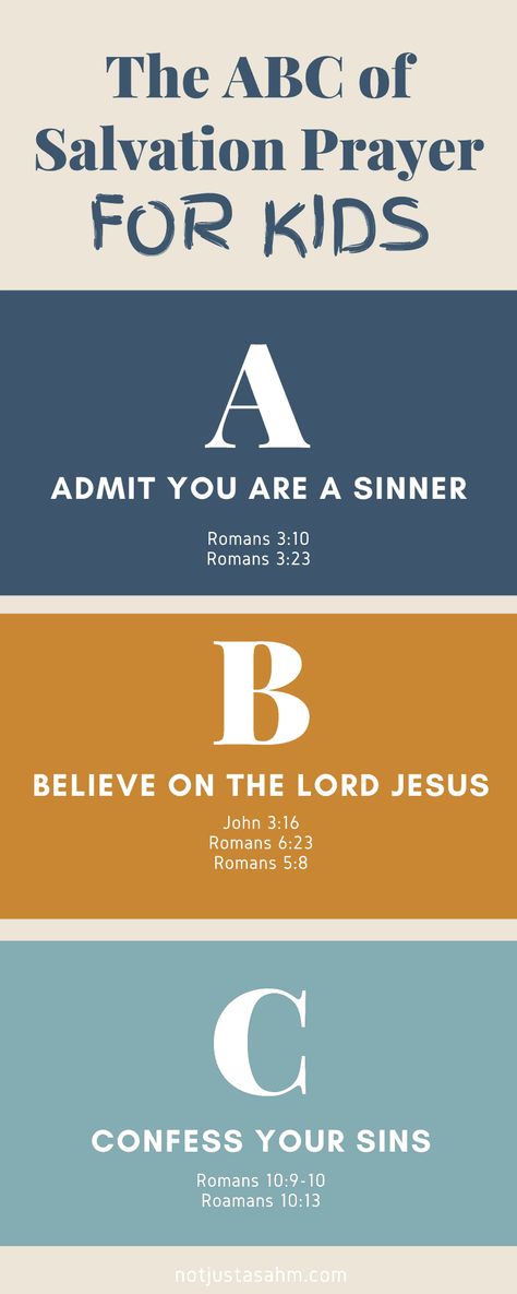 The ABCs of salvation prayer is a great way to lead your child to Christ. Use this simple prayer to help guide your child in their faith journey. As parents, we have the privilege and responsibility of leading our children to Jesus. Let's pray together that our children will come to know Him as their personal Savior. Abc’s Of Salvation, Abc Of Salvation For Kids, Abc Of Salvation, Youth Sermons, Salvation Scriptures, Scriptures For Kids, Bible Board, Salvation Prayer, Childrens Sermons