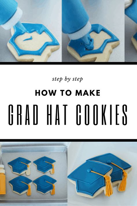 Decorate Sugar Cookies, Graduation Party Desserts, Graduation Desserts, Graduation Party Foods, Hat Cookies, Sugar Cookie Royal Icing, Sugar Cookie Icing, Graduation Cookies, Cookie Tutorials