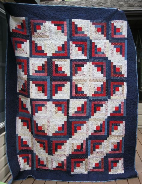 My third quilt for Quilts of Valor Red White And Blue Log Cabin Quilts, Valor Quilts, Quilt Log Cabin, Quilt Layouts, Log Cabin Blocks, Cabin Designs, Log Cabin Designs, Log Cabin Quilt Blocks, Log Cabin Quilt Pattern