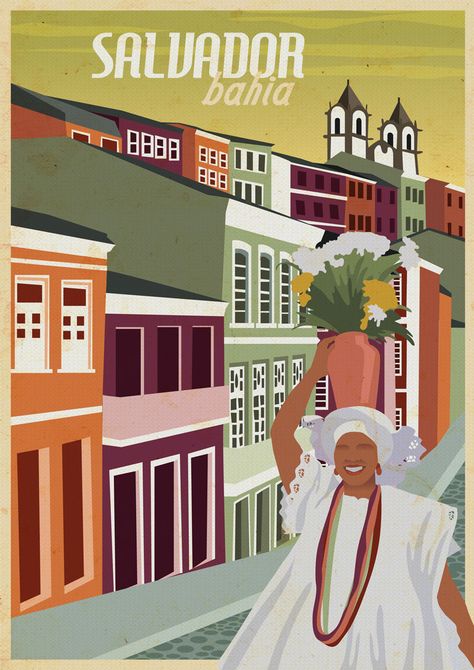 Salvador Bahia Poster by Luiza Laffitte www.luizalaffitte.com Central America Travel, American Decor, Studio Decor, Poster Vintage, Hanging Pictures, Album Photo, Vintage Travel Posters, Line Art Drawings, Vintage Travel