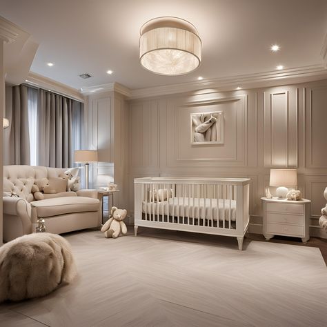 Nursery Ideas Luxury, Large Nursery Ideas, Beige Nursery Aesthetic, Baby Room Luxury, Newborn Boy Nursery, White Nursery Ideas, Sophisticated Nursery Million Dollar Baby Classic, Baby Boy Nursery Room Ideas Teddy Bear, Elegant Baby Nursery