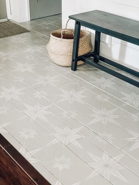 Painted Tile Floor Entryway, Stencil For Floor Tiles, Stencil Tile Floor, Tile Floor Stencil Ideas, Painting Entryway Tile, Painted Hallway Floor, Floor Tile Stencils, Painted Entryway Floors, Stenciled Wood Floors