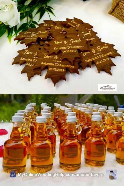 Maple syrup favors with wooden leaf tags are a non-traditional twist on a fall icon. Your wedding guests will love this idea. Look for more information and buy links in the Edible Favors section of the non-traditional wedding favors post on MyOnlineWeddingHelp.com #WeddingFavors #FallWedding #WeddingIdeas #EdibleFavors